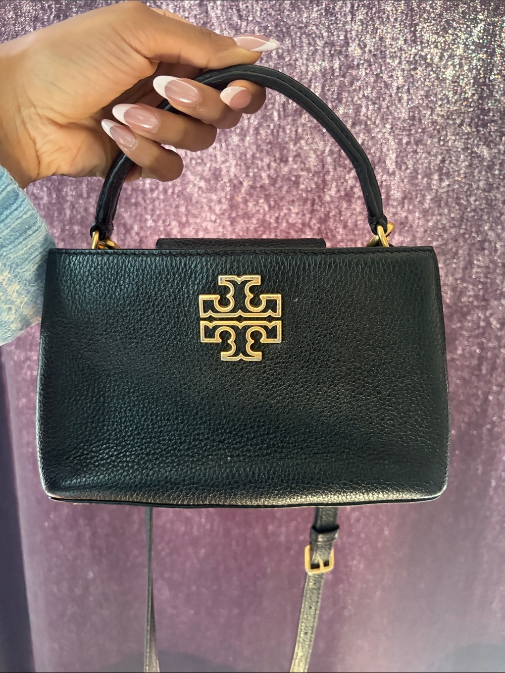 Tory Burch Black Leather Top-Handle Satchel with Gold Logo
